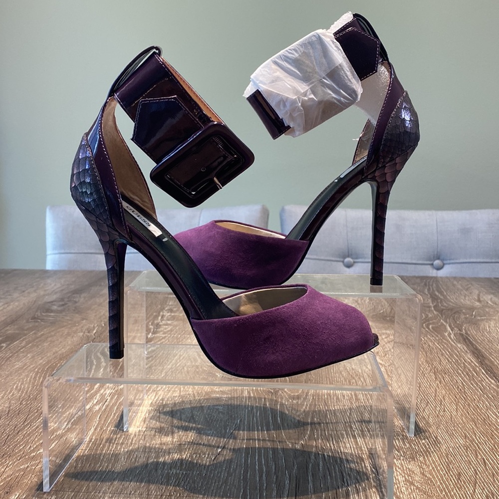 Guess Purple Multi peep toe ankle cuff sandals 4 1/2 heel. Leather/man made sole